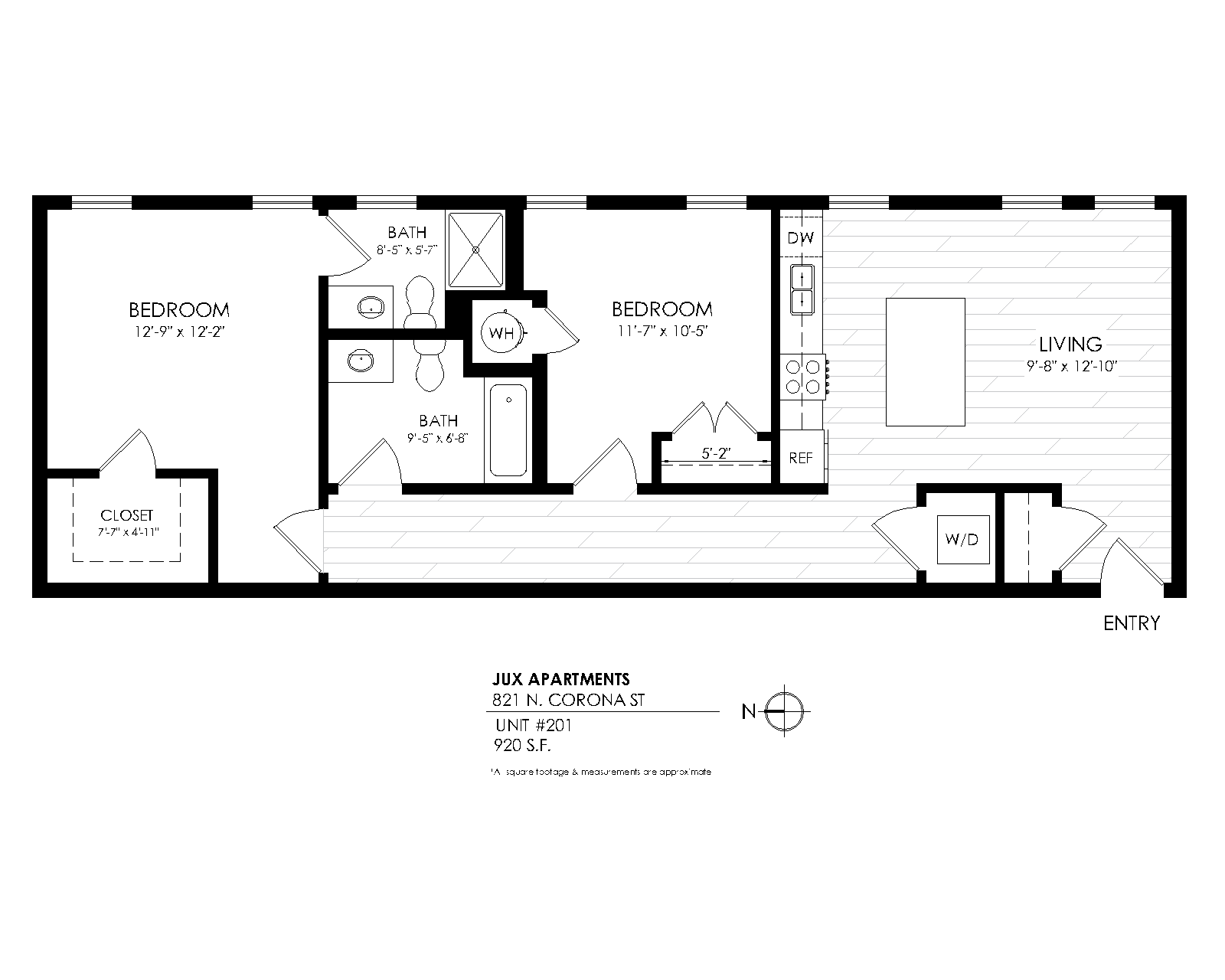 Floor plan for 2 beds, 2 baths, 905 sqft